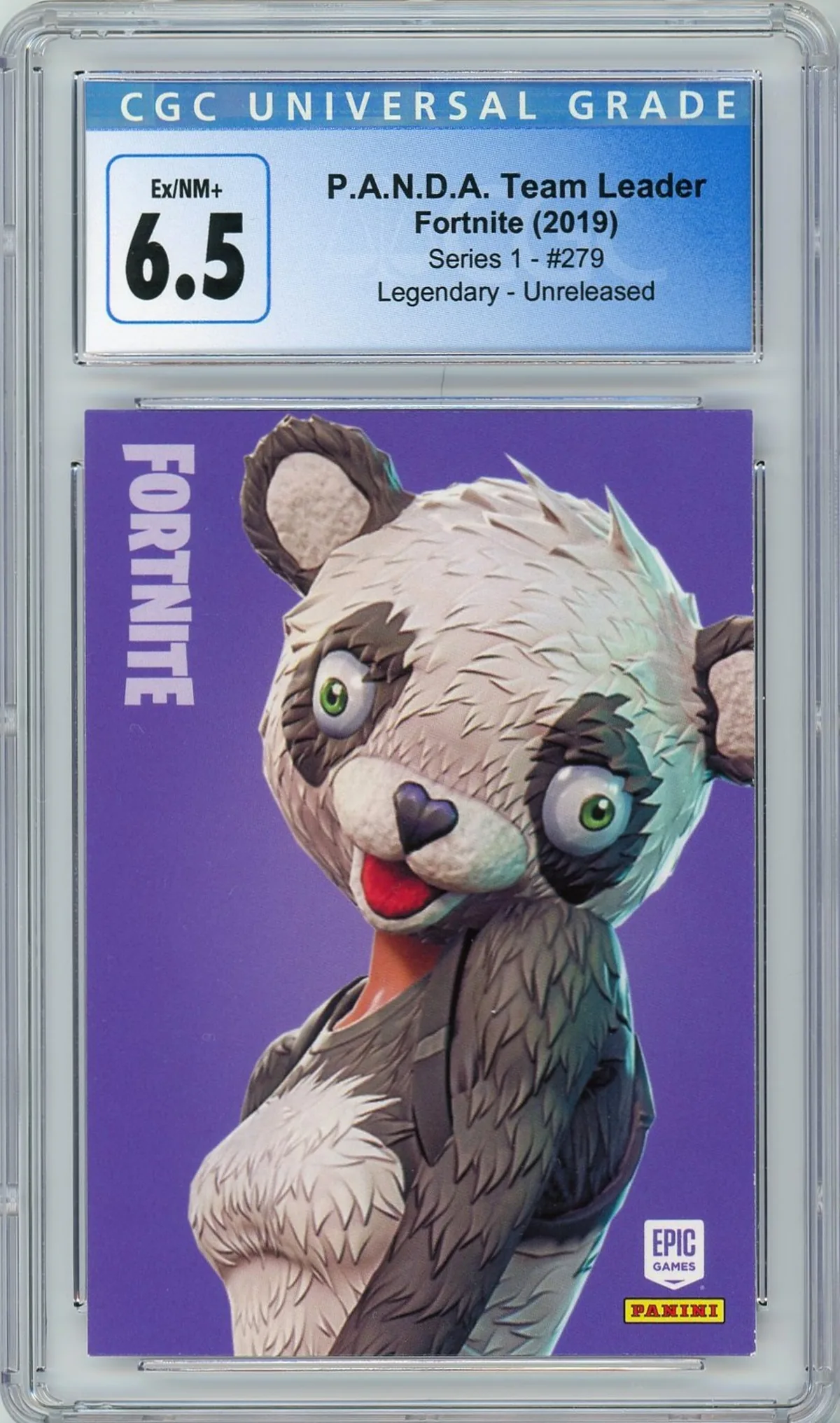 Enlarged transparent Epic Games logo on the P.A.N.D.A. Team Leader #279 Unreleased Prototype — Series 1 USA Print