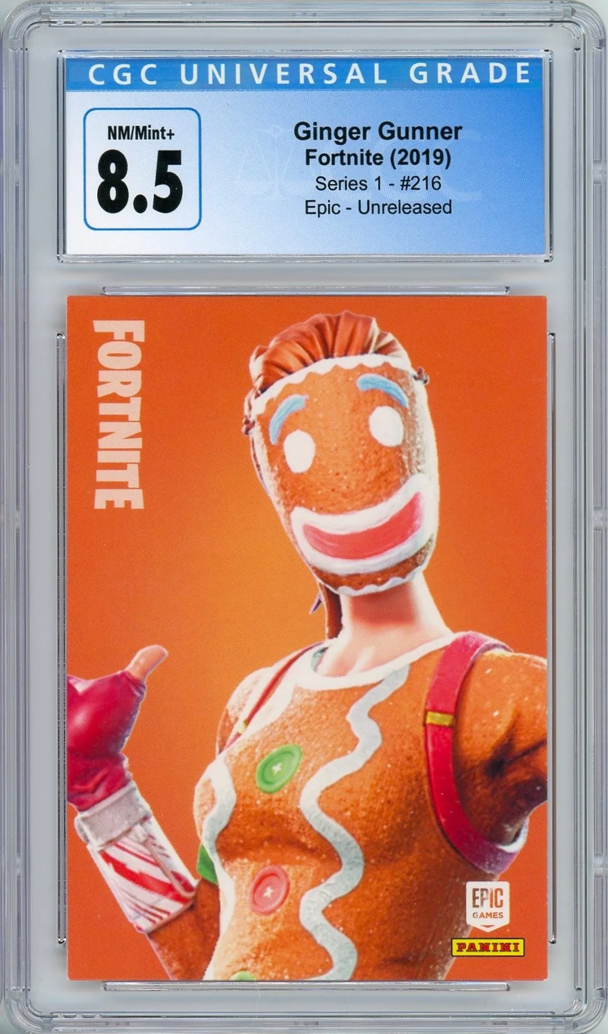 Enlarged transparent Epic Games logo on the Ginger Gunner #216 Unreleased Prototype — Series 1 USA Print