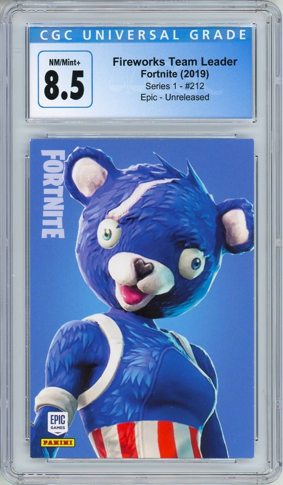 Enlarged transparent Epic Games logo on the Fireworks Team Leader #212 Unreleased Prototype — Series 1 USA Print