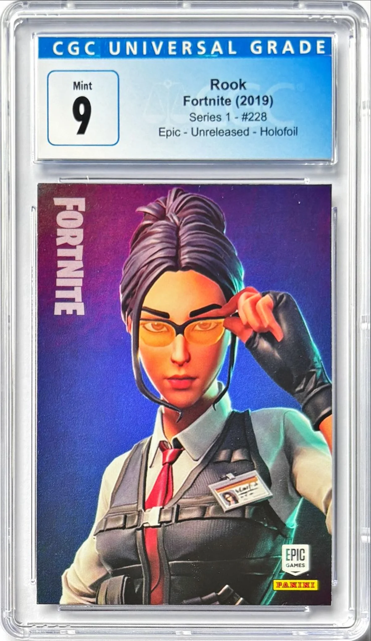 Enlarged transparent Epic Games logo on the Rook #228 Holofoil Unreleased Prototype — Series 1 USA Print
