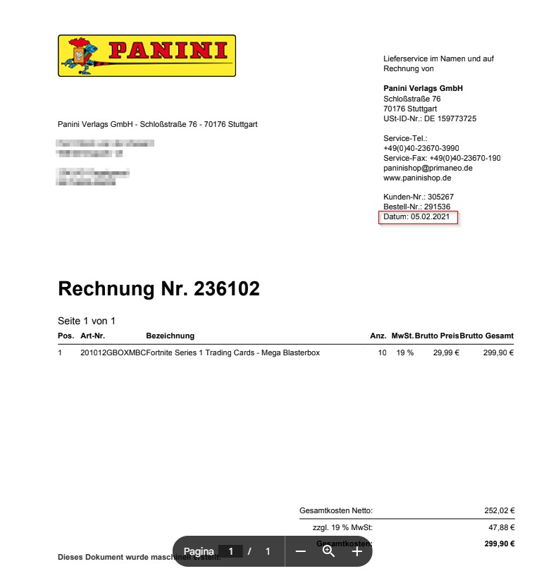Panini Germany invoice dated 5 February 2021 listing ten Fortnite Series 1 Mega Blaster Boxes at €29.99 each