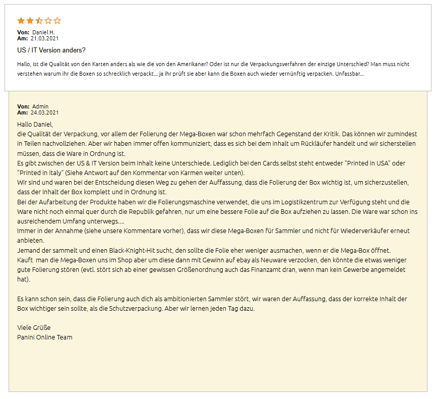 Panini Online Team reply dated 24 March 2021 explaining the Mega Box shrink-wrap, returns and product refurbishment