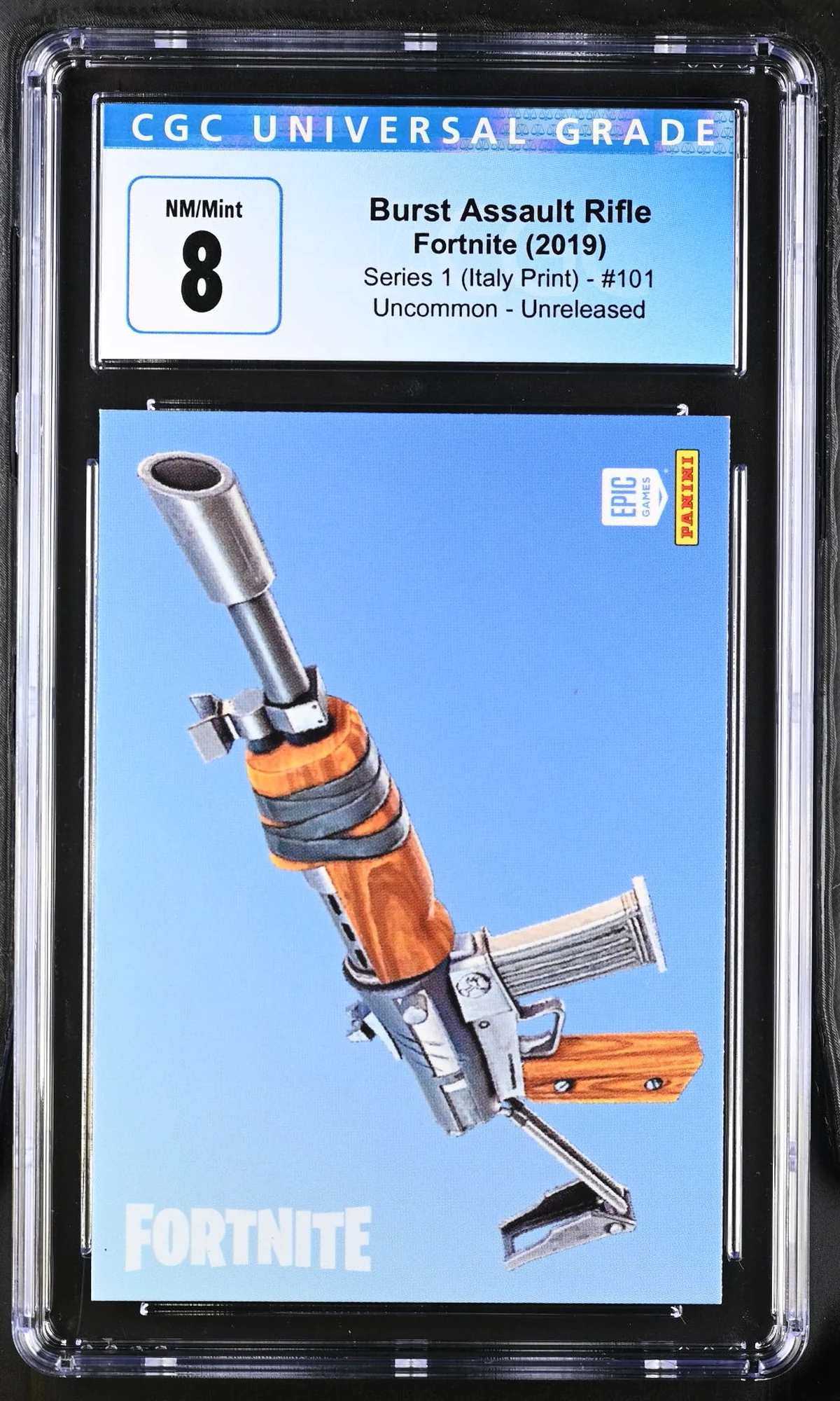Enlarged transparent Epic Games logo on the Burst Assault Rifle #101 Unreleased Prototype — Series 1 Italy Print