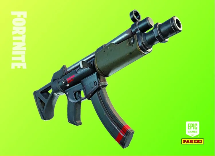 Newsweek promotional image showing unreleased submachine-gun prototype card with transparent Epic Games logo