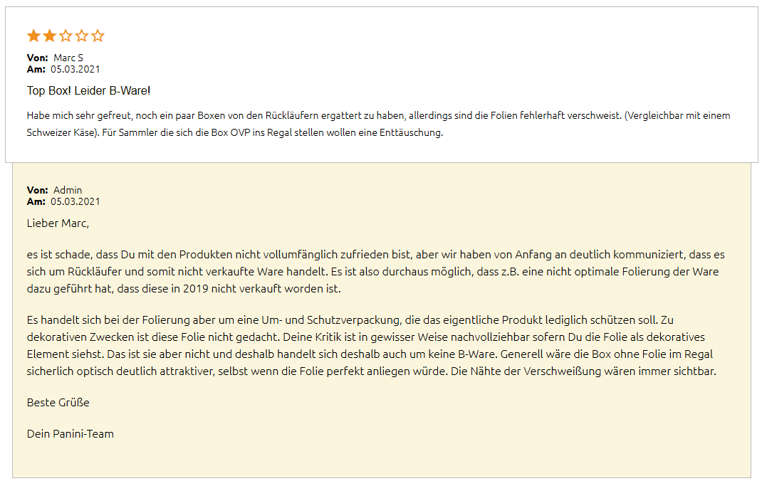 Panini customer service reply dated 5 March 2021 describing the Mega Boxes as returns and unsold goods