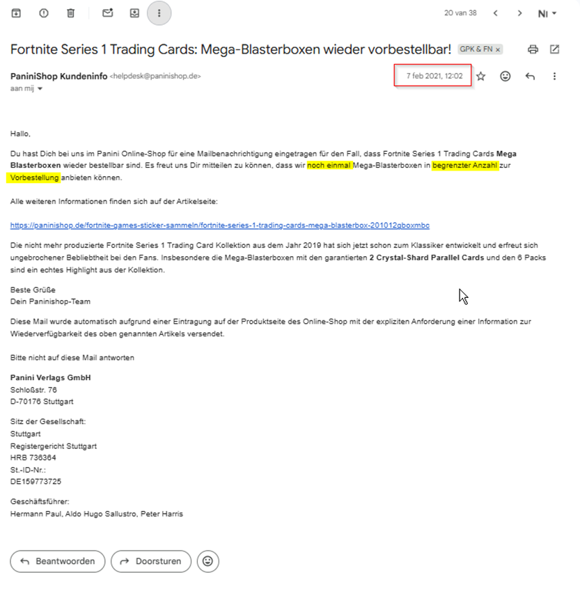 Panini Germany customer newsletter dated 7 February 2021 announcing that Mega Blaster Boxes were once again available for pre-order in limited quantity