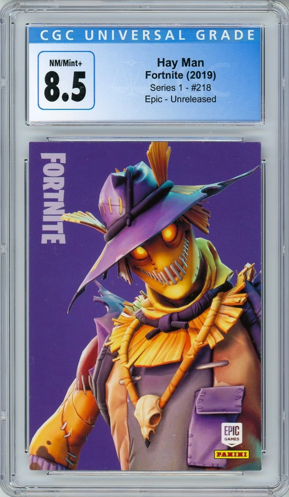 Enlarged transparent Epic Games logo on the Hay Man #218 Unreleased Prototype — Series 1 USA Print