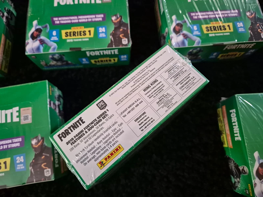 Rear panel of a 2019 Panini Fortnite Series 1 Mega Blaster Box supplied through Paninishop.de, showing no printed regional pricing