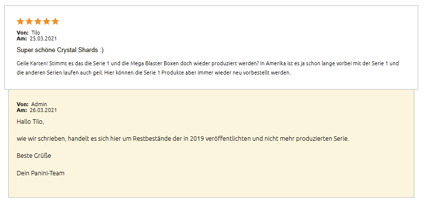 March 2021 customer question asking whether Fortnite Series 1 and Mega Blaster Boxes were being produced again, with Panini's reply