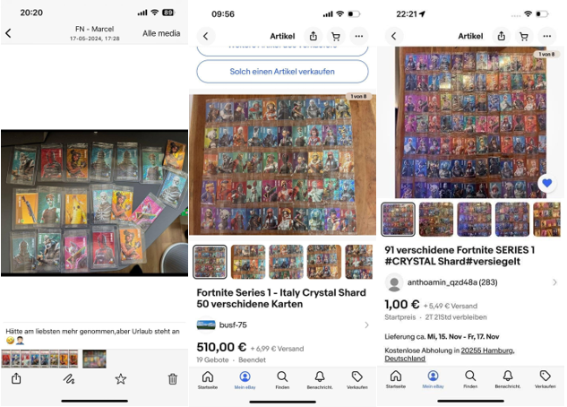 Composite of German marketplace listings for Fortnite Series 1 Crystal Shards: 91 different cards in one lot, 50 Italy-print cards sold for €510, and a further private group including duplicates