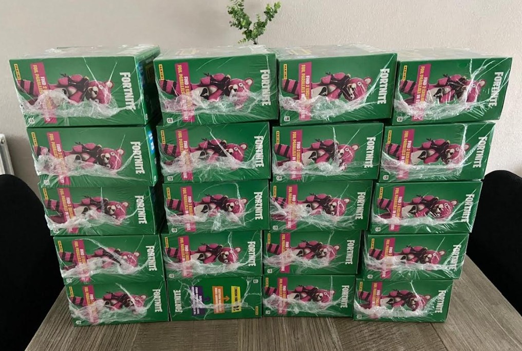 Stack of shrink-wrapped 2019 Panini Fortnite Series 1 Mega Blaster Boxes supplied through Panini Germany in 2021