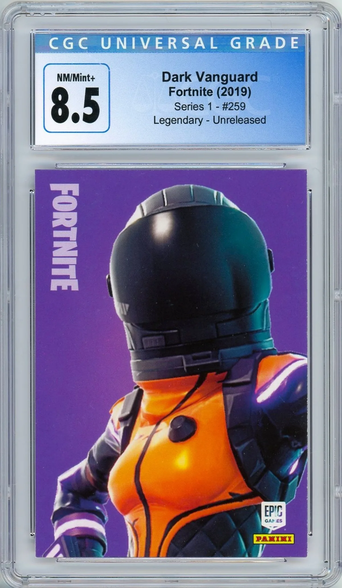 Enlarged transparent Epic Games logo on the Dark Vanguard #259 Unreleased Prototype — Series 1 USA Print